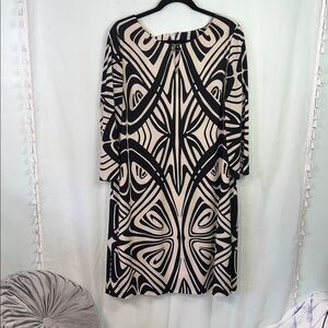 NWOT Tahari Long Sleeve Dress with Black and Cream Abstract Design